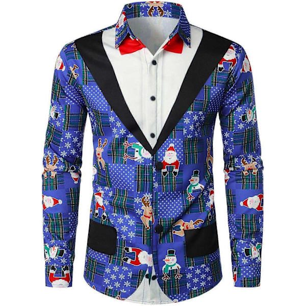 Herrar Business Casual Långärmad Skjorta Glimmande Guldträdälg Tryck Julskjorta-Perfekt blue33 4XL