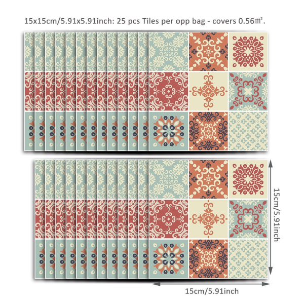 25 klistermærkefliser 15x15 cm firkantet med flisemønster (flerfarvet) - Perfet