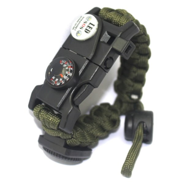 Survival Paracord-armband, eldstartare, vattentätt SOS-ljus, kompass, visselpipa, 20 i 1, Outdoor Ultimate Tactical Survival Gear Set, gåva-perfet Armégrön