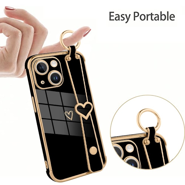 Söt glänsande pläterad phone case med handledsrem för iPhone 14 Pro Max, svart case - Perfet