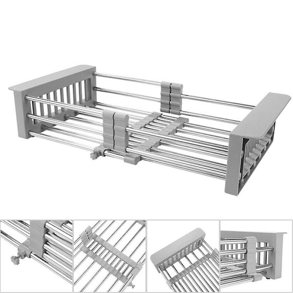 Oppvaskstativ i rustfritt stål Teleskopisk avløpskurv Oppvask Tørkestativ Organizer Gray L