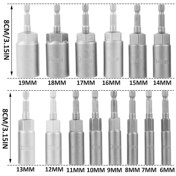 14 stk. sekskantede sokkeladaptere, 6-19mm dyb sokkeladapter kit sekskantmøtrik driver bitsæt hurtigskift møtrik indstiller-Perfet