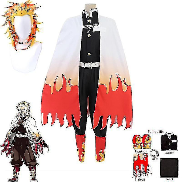 Demon Slayer Rengoku Kyoujurou Cosplay Kostume Kimono Uniform Outfit Halloween Party Anime Rollespil Fancy Dress Sæt - Perfekt Outfits with Wig XL