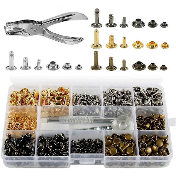 360 Läder Nitar Set Dubbelhatt, 3 Storlekar Metall Runda Nitar med Stansklippare och 3-Delat Fästverktyg - Perfekt