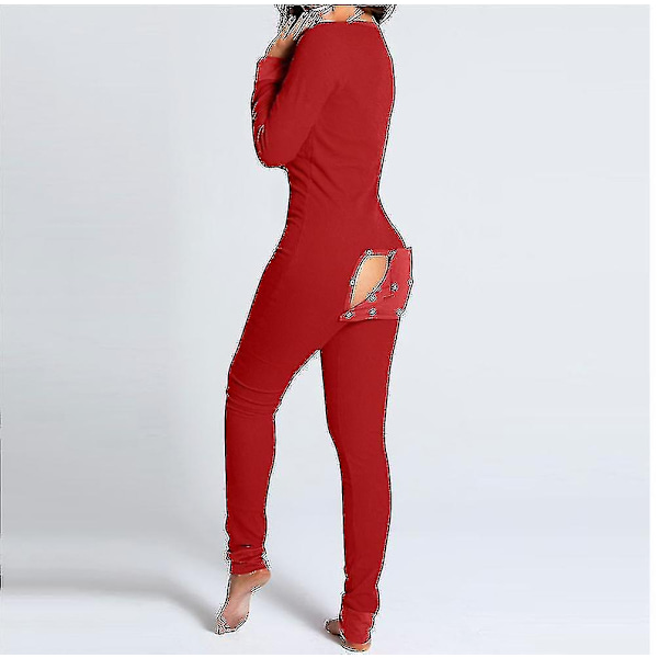 Långärmad Jumpsuit med Bakficka för Kvinnor - Onesie Pyjamas Bodycon Nattkläder för Vuxna - Hög Kvalitet B Xxl