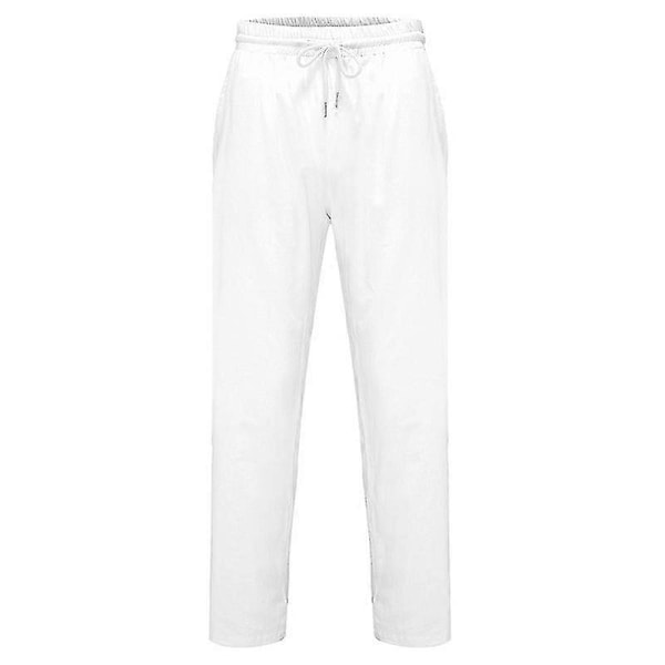 Mäns elastiska midje-bomulls- och linnebyxor, avslappnade strandbyxor, raka, bekväma byxor - perfekta White 3XL