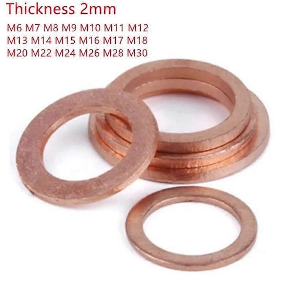 10 stk. M6 M8 M10 M12 M14 M15 M16 M18 M19 M20 tykkelse 2 mm Massiv Kobber Skive Shim Flad Ring Pakningsringe Forsegling Almindelige Skiver - Perfekt M6X10X2mm 10pcs