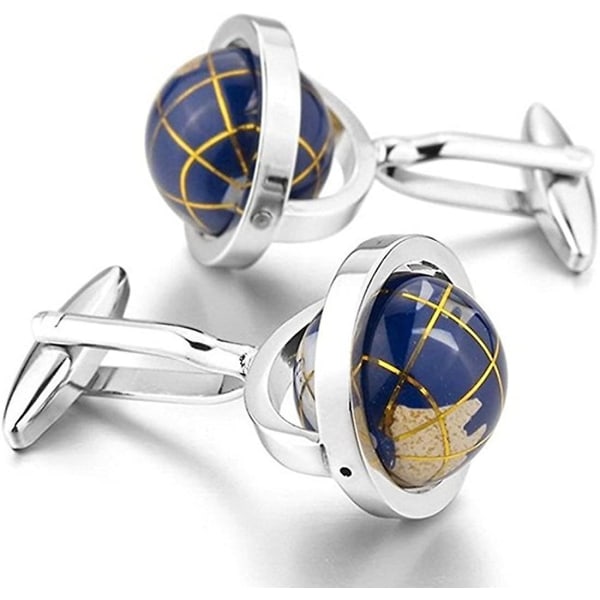 Really Spins Rhodium Pläterade Blue Globe Earth Manschettknappar - Perfet