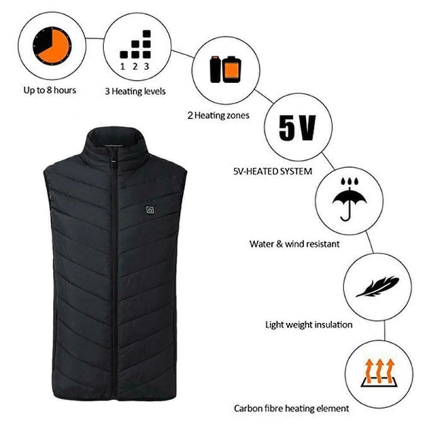 Elektrisk Vest Herre Oppvarmet Jakke Polstret Thermal Coat - Perfet Black L