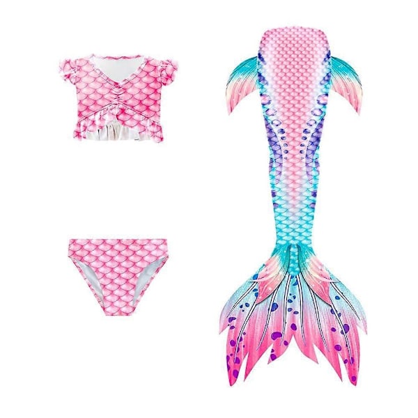 3 stk./sett Jenter Havfruehale Badedrakt Barn Havfrue Ariel Cosplay Kostyme Fantasy Strand Bikini Sett-Perfekt Powder Vest 110cm