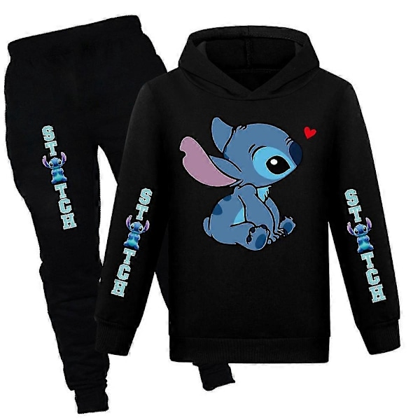 Lilo & Stitch Tryck Barnens Träningsoverall Set Pojkar Flickor Casual Huvtröja Sweatshirt Joggingbyxor Outfit Aktivkläder-Perfekt Black 11-12 Years
