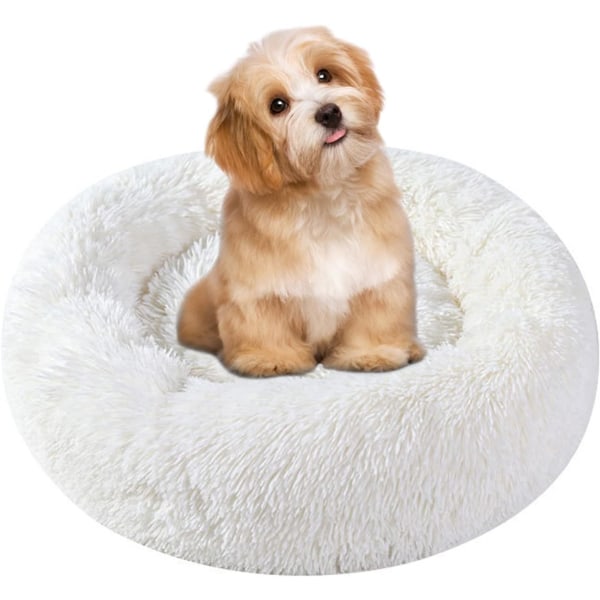 (40 cm, hvid) Kattehund rund seng til katte, hunde Plys blødt kæledyr - Perfet