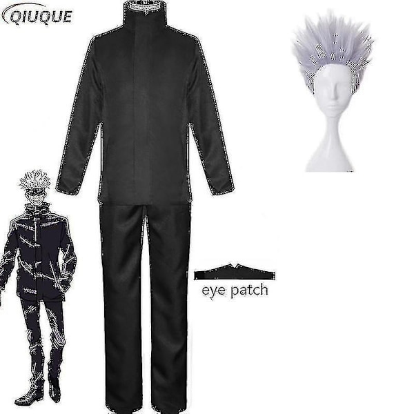 2023-anime Jujutsu Kaisen Gojo Satoru Cosplay Kostume Toppe Bukser Øjenlap Halloween Fest Mænd Uniform Parykker-1-1-Perfet Black Package 5 XXL