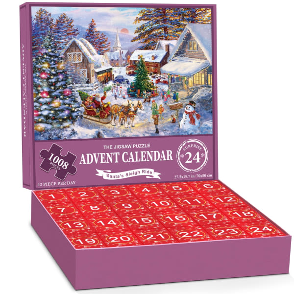 Adventskalender 2023-puslespil - julerensdyr， jule-familieferie-puslespil 1008 brikker, 24 kasser nedtællingspuslespil