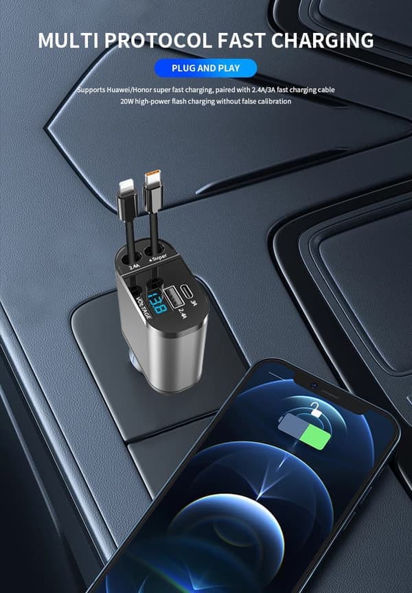 Billader med uttrekkbar design - dobbel USB-C datakabel, støtter PD hurtiglading, inkluderer voltmeter og vanntett sigarettenneradapter