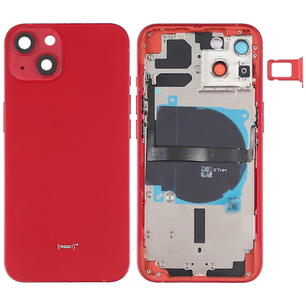 Kompatibel med iPhone 13 Batterilucka med Sidoknappar & SIM-kortshållare & Ström + Volym Flexkabel & Trådlös Laddningsmodul-Perfekt Red