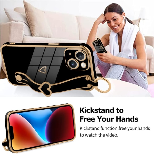 Sødt skinnende belagt telefoncover med håndledsrem til iPhone 14 Pro Max, sort slim cover - Perfet