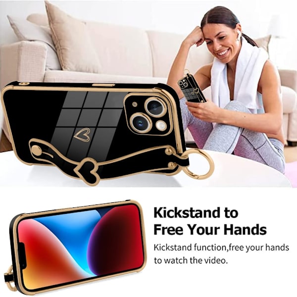 Söt glänsande pläterad phone case med handledsrem för iPhone 14 Pro Max, svart case - Perfet