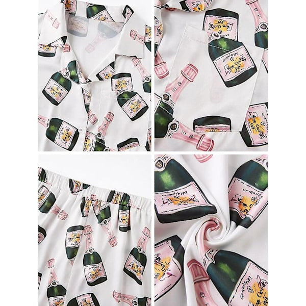 Champagne-flaske Pyjamasett for Kvinner - Trykt, Kort Erme, 2 Deler, Myk, Løstsittende, Avslappet Soveklær, Komfortable Hjemmekler - Perfekt L