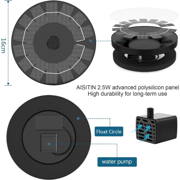 25W solfontæne med solpaneler; solardamspumpe med 6 dyser; flydende solfontænepumpe til haven 2.5W-2PCS