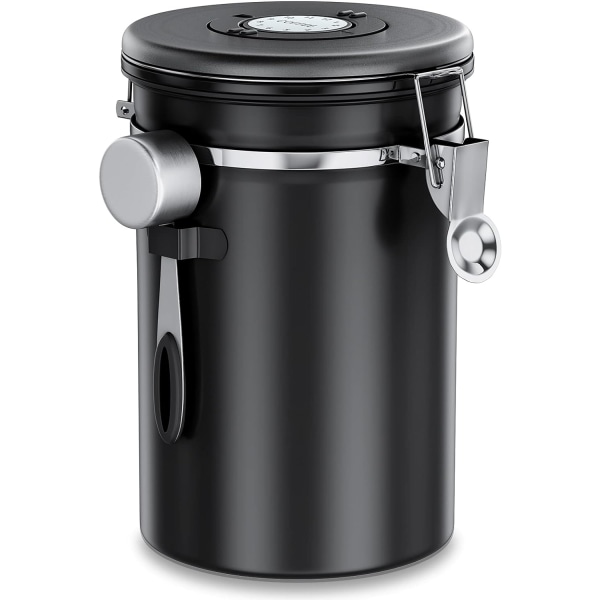 Lufttett kaffeboks 1 kg - kaffebønnebeholder i rustfritt stål med CO2-ventil - med måleskje (2,8 L svart) - Perfet