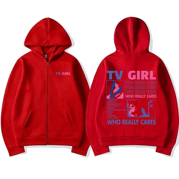 TV Girl Who Really Cares Grafisk Print Lynlås Hættetrøje Mænd Kvinder Mode Casual Oversized Lynlås Jakke Herre Fleece Sweatshirts-Perfet Red M