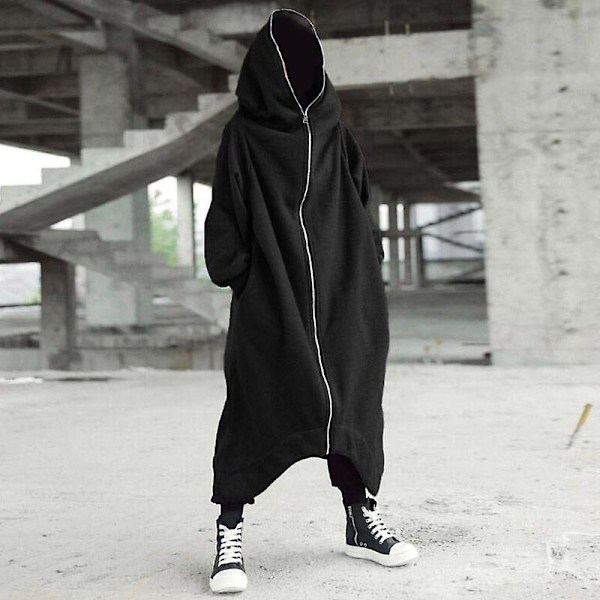 Unisex Long Hoodie Zipper Coat Long Sleeve Coat Zipper Closure Fleece Lined Long Hoodie-Perfet Black M