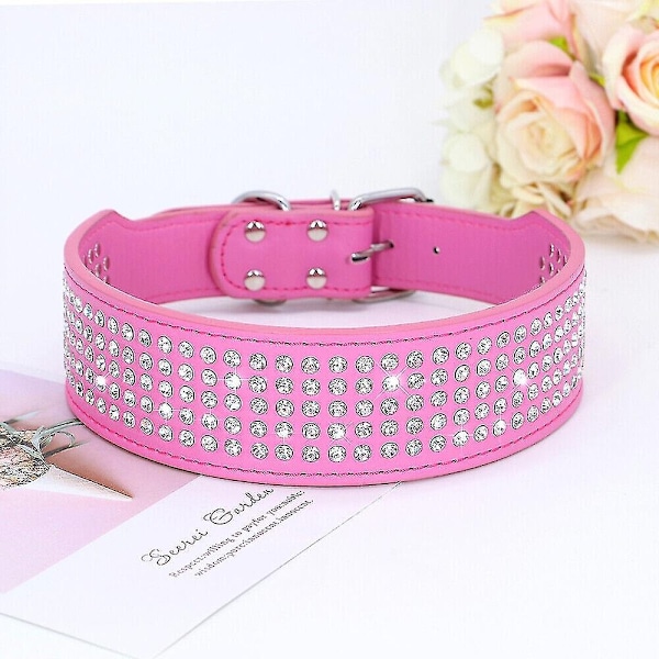 5-Raders Hundesett med Strass i PU-Lær, Diamant Bling for Store Hunder 2,0\" Bred - Perfekt Hot Pink M Neck 38-46cm