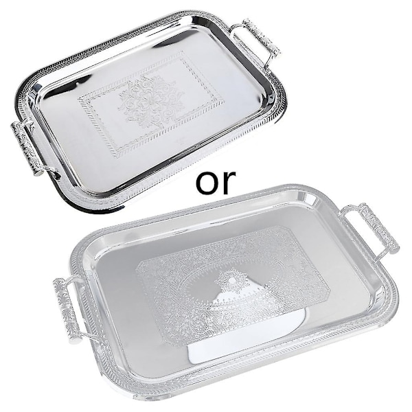 Nordisk Serveringsbrett i Rustfritt Stål med Håndtak Elegant Rektangulært Kaffebar Mat Holder Dessert Display Plate Dekor-Perfekt Silver L