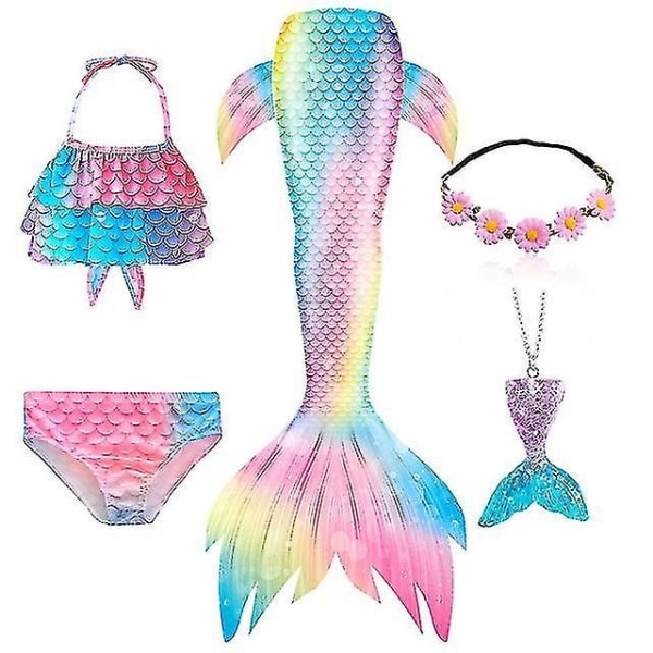 5 stk/sæt Piger Havfrue Hale Badedragt Børn Havfrue Ariel Cosplay Kostume Fantasy Beach Bikini - Perfet Set 3 140