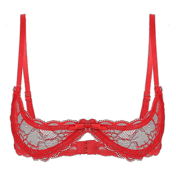 Dam 1/4-kupa bygel-bh halterneck O-ring transparent spets push-up bh underkläder öppen byst bh underkläder-Perfet Red C XL
