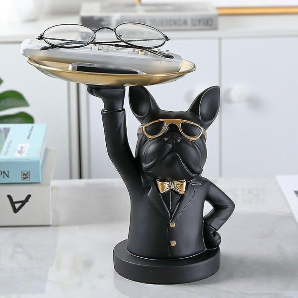 svart bulldog med upphöjd bricka - staty - Perfet