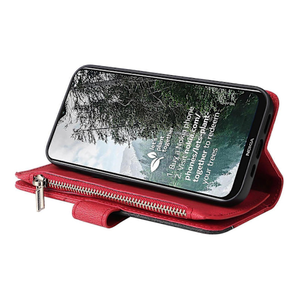 Plånboksfodral för Nokia G20/G10 med blixtlåsficka, nio kortplatser, PU-läder, magnetiskt spänne, kompatibel med Nokia G20/G10 - Perfekt Red