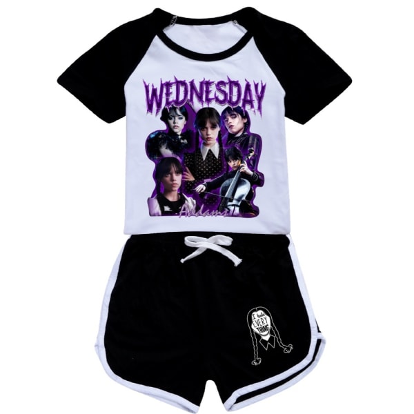 onsdag Addams printed barn sommar T Shirt Shorts Set - Perfet black 140cm
