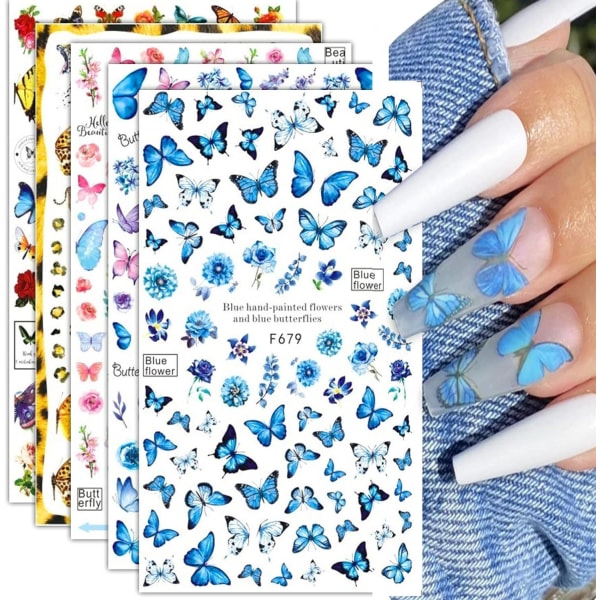 5 ST 3D Butterfly Nail Art Stickers Självhäftande Nageldekaler Färgglada Butterfly Nail Stickers Blommor Design för kvinnor Flickor Nail- Perfet