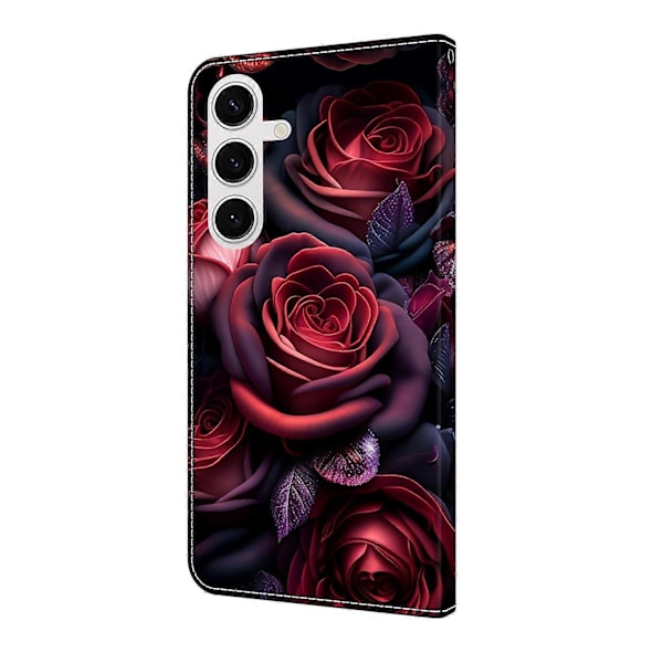 Yhteensopiva Samsung Galaxy S25 Lompakkokotelon kanssa, kuvioitu, seisontatuellinen nahkainen suojakotelo - Floral Butterfl-Perfet Black Rose