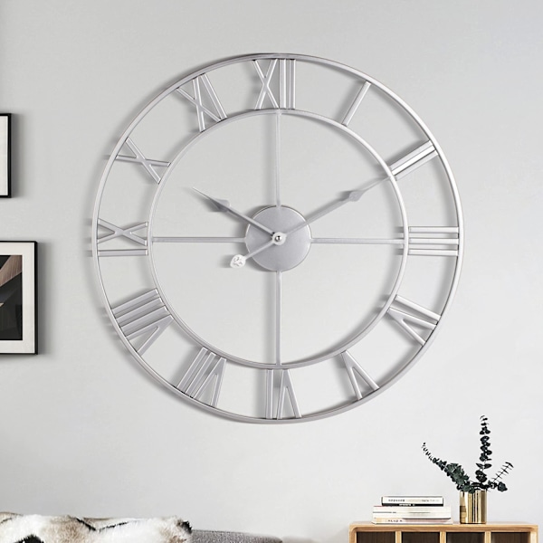 Stort vægur, metal retro romertal ur, moderne runde lydløse vægure, let at læse til stue/hjem/køkken/kontor/sølv-perfet Silver 32 tum