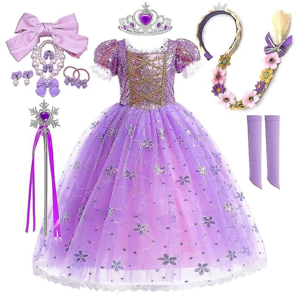 Prinsessa Rapunzel-mekko tytöille Tyylikkäät violetit mekot Tyylikkäät karnevaaliasut Lasten juhlapuvut Halloween-roolileikit - Perfet 9-10Y Tag-150 Rapunzel Sets 08
