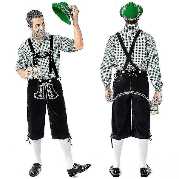 Traditionell Oktoberfestdräkt för män - Rutiga Skjorta, Broderade Byxor och Hatt - Perfekt green black pants M