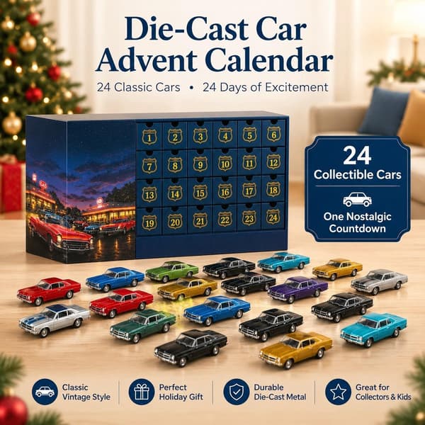 Julekalender med 24 trykstøbte modelbiler, klassisk retro modelbil-samlerobjekt, julegaveæske.