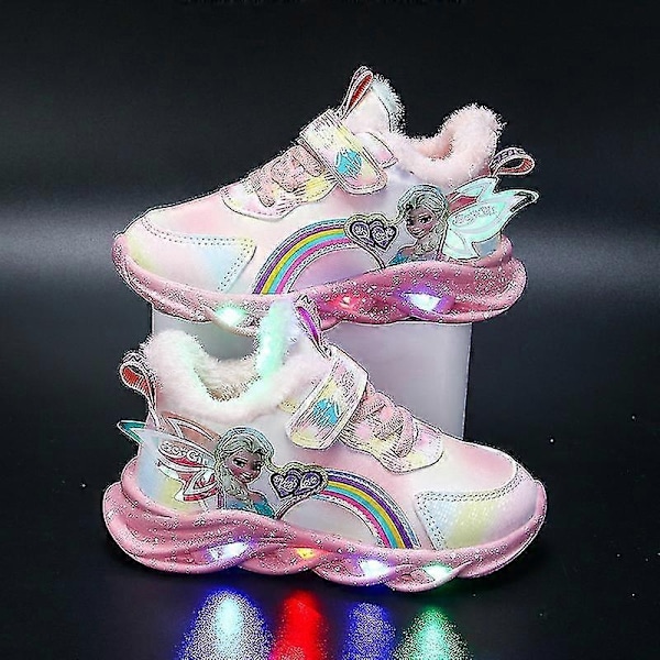 Flickor LED Casual Sneakers Elsa Princess Tryck Utomhusskor Barn Lysande Halkfria Skor för Vår och Vinter-Perfekt Pink T 34-insole 21.2cm