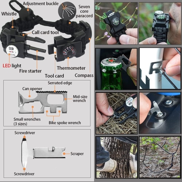 Survival Paracord-armband, eldstartare, vattentätt SOS-ljus, kompass, visselpipa, 20 i 1, Outdoor Ultimate Tactical Survival Gear Set, gåva-perfet blå