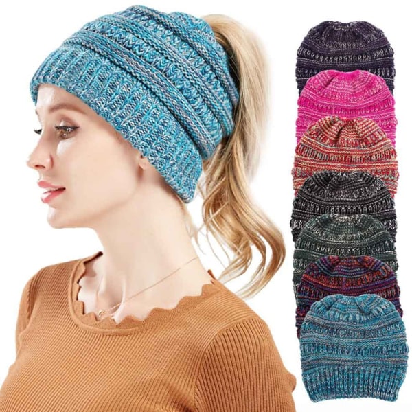 Kabelstrik Beanie Vinterhue Til Damer Varm Hestehale Hatte - Perfet Blue Rose red