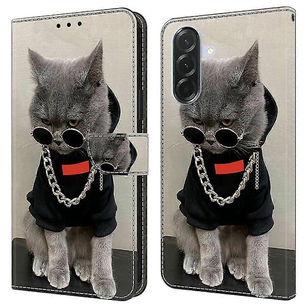 Kompatibelt med Samsung Galaxy A56 5G Läderfodral Mönstertryck Plånboksställ Flip Telefonfodral - Perfet Cat with Glasses and Necklace