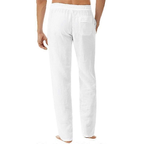 Mäns elastiska midje-bomulls- och linnebyxor, avslappnade strandbyxor, raka, bekväma byxor - perfekta White 3XL