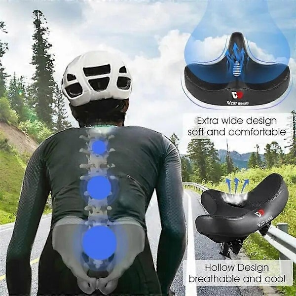 Pitkän matkan pyöräsatula, leveä, paksu, ergonominen, pehmeä pehmuste, maastopyörä, MTB-maantiepyörän satula, mukava pyöräilyistuin - Täydellinen Black