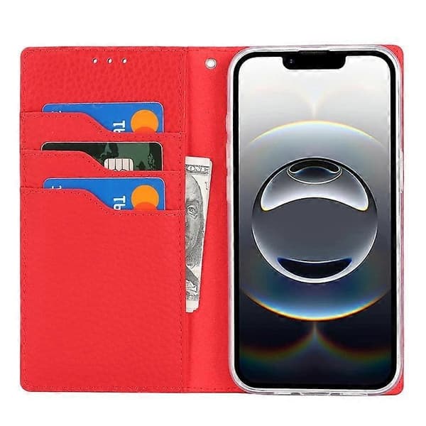 Kompatibel Kompatibel med iPhone 16e Wallet Case - Ko Læder Telefon Cover Litchi Tekstur-Perfekt Red