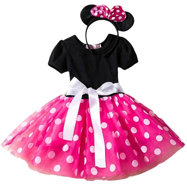 Børn Piger Minnie Mouse Polka Dot Kortærmet sløjfe Tutu Tulle Kjole Fødselsdagsfest kjoler Rose Red 2-3 Years