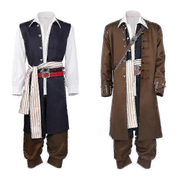 Captain Jack Sparrow Cosplay Kostume Frakke Jakke Voksen Hat Paryk Sæt Halloween Karneval Kostume - Perfekt T2 L