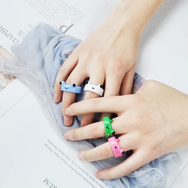 4st Söt groda Hartsringar Set för Kvinnor Flickor 3D Djursmycke Ring Mode Rolig Personlig Tecknad Färgglad Kreativ Smyckespresent - Perfet